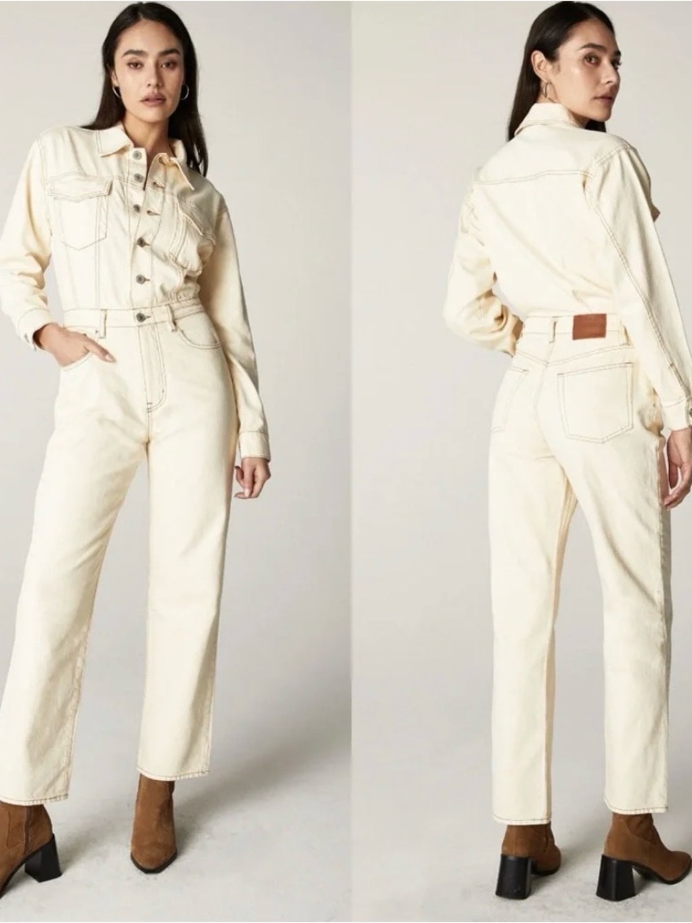 Unpublished Free People NWT Cream High-Waist Denim Jumpsuit